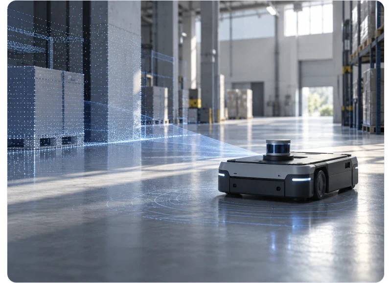 Autonomous mobile robot navigating a modern warehouse