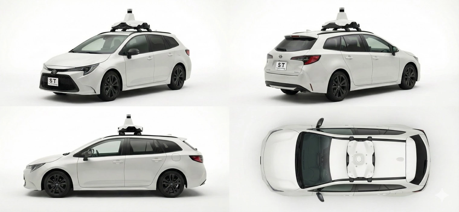 Data logging vehicle with LiDAR sensors shown from four angles